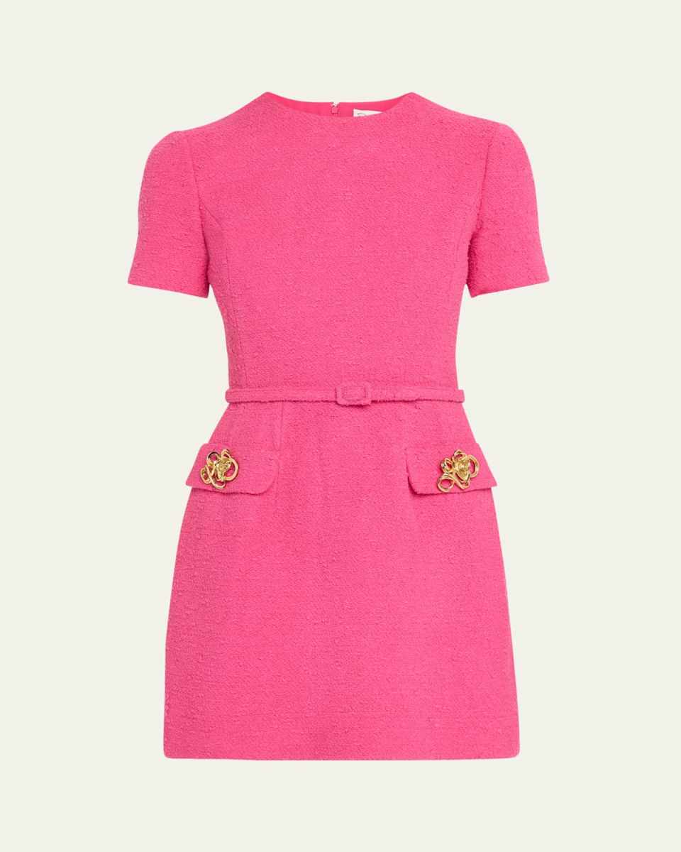 Short-Sleeve Rose-Button Tweed Mini Day Dress With Belt